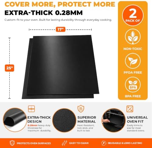 Oven Liners for Bottom of Oven - Thick Heavy Duty 17” x 25” 2 Pack Non-Stick Reusable Mats - BPA & PFOA Free Protector for Electric, Gas, Microwave & BBQ Grill Liner - Easy Clean & Heat Resistant - Image 3