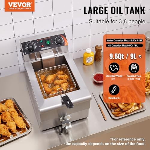VEVOR Commercial Deep Fryer, 1500W Electric Countertop Fryer with Basket, 11.6Qt / 11L Stainless Steel Single Oil Fryer with Time & Temp Control, Overheat Protection, for Kitchen Restaurant Use - Image 2
