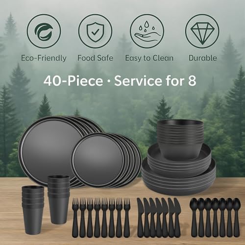 40 Piece Plastic Dinnerware Set for 8 with Cutlery, Unbreakable Plates and Bowls Set, Dishwasher & Microwave Safe Reusable Dish Set for Camping, RV, Outdoor Kitchen, Apartment Dining,Rainbow Multicol - Image 6