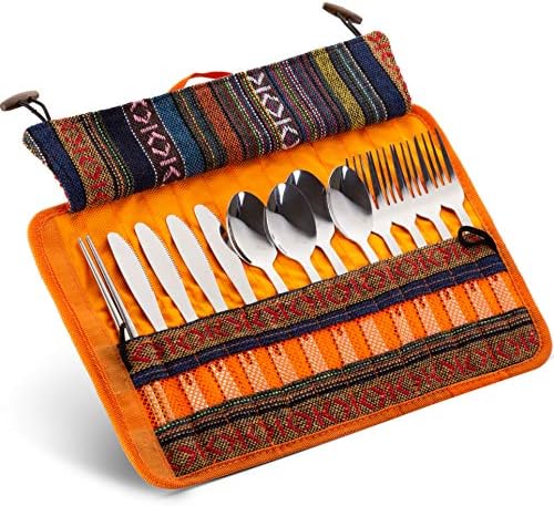 13 Piece Stainless Steel Family Cutlery Picnic Utensil Set with Travel Case for Camping | Hiking | BBQs - Includes Forks | Spoons | Knifes | Chopstick, Plus Nylon Commuter Case (Orange) by Wealers