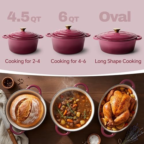 4.5 Quart Dutch Oven Pot with Lid, Non Stick Enameled Cast Iron Dutch Oven for Bread Baking, Heavy-Duty, Oven Safe Ceramic Cookware Up to 500°F for Baking, Braising, Stews, Roasting, Rose - Image 3