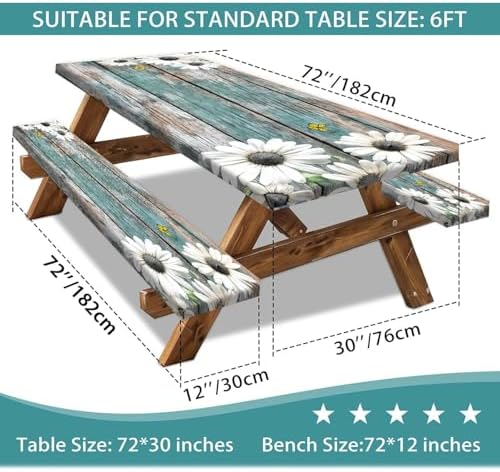 Daisy Flowers Picnic Table Cover with Bench Covers and Bag, Camping Essentials, Wooden Grain Waterproof Windproof, Fitted Tablecloth Cover with Elastic Edge, for Indoor & Outdoor, 3 PCS, 30x72 Inch - Image 2