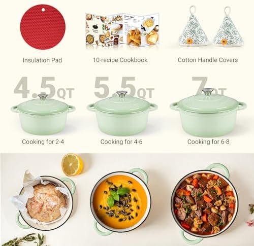 Overmont Enameled Cast Iron Dutch Oven - 4.5QT Pot with Lid Cookbook & Cotton Potholders - Heavy-Duty Cookware for Braising, Stews, Roasting, Bread Baking Verdant - Image 5