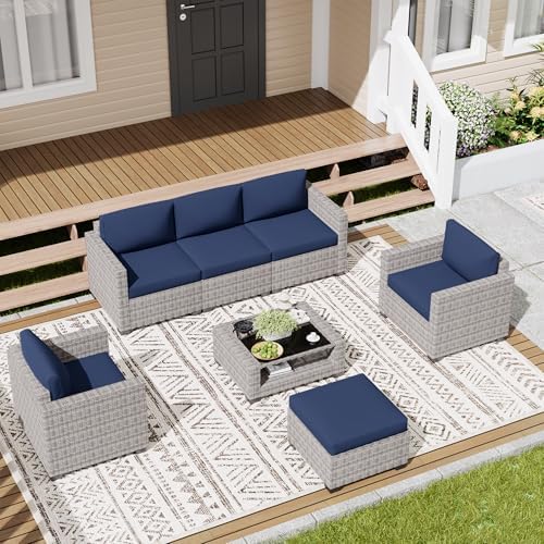 LOUVIXA 7 Piece Outdoor Patio Furniture Set, Rattan Chairs Glass Table Wicker Conversation Seating Sectional Sofa with Cushions (Grey White-Navy, 7Pcs-2 Layer Coffee Table) - Image 5