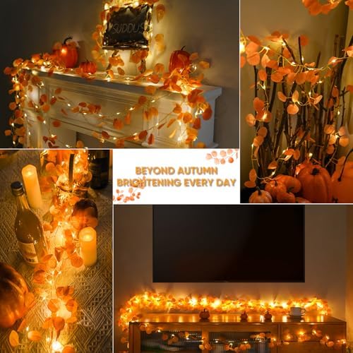 suddus Vine with Fairy Lights Battery Operated, 33ft 100 LED Eucalyptus Leaf String Lights with Remote, Dimmable Fall Garland with Lights for Bedroom Indoor Thanksgiving Christmas Decor (Warm White) - Image 4