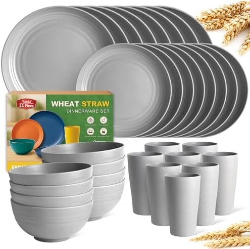 Teivio 32-Piece Plates and Bowls Sets for 8, Light Gray Dinnerware Sets by Teivio