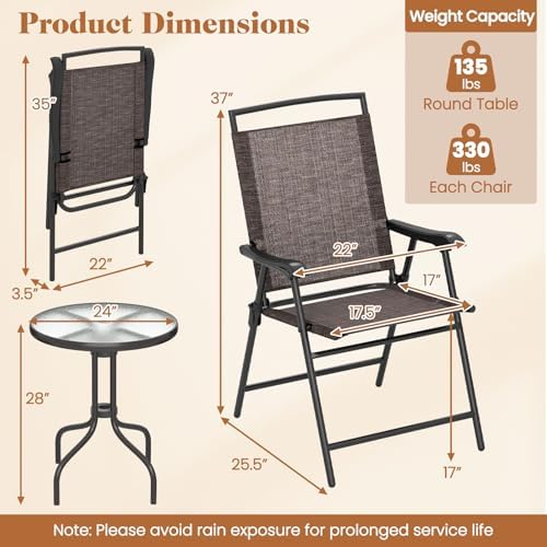 Goplus Patio Bistro Set, 3-Piece Patio Dining Furniture Set with Round Tempered Glass Table, 2 Foldable Chairs, Small Outdoor Folding Chairs & Table Set for Porch Garden Pool Yard - Image 7