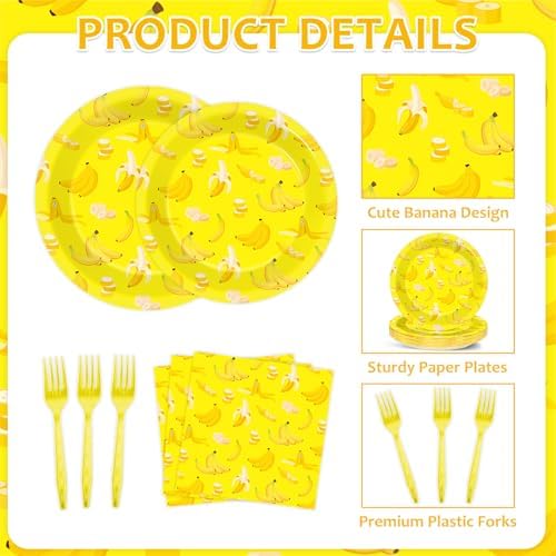 96PCS Banana Party Paper Plates and Napkins Banana Themed Party Decorations Yellow Fruit Napkins and Forks for yellow fruit Birthday Gatherings Decorations - Image 3