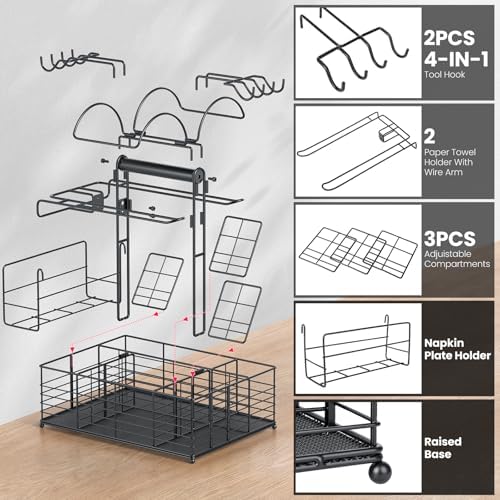 Grill Caddy for Outdoor Grill with 2 Paper Towel Holders,Barbecue Tool Sets Storage Organizer,BBQ Caddy for Outdoor Grill with 9 Compartments & 8 Hooks,Picnic Caddy Grilling Gifts for Men (16.6Inch) - Image 6