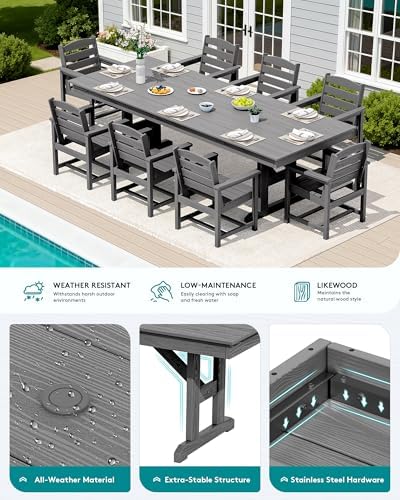 SERWALL 9Pcs 84" HDPE Outdoor Dining Set for 8 with Armchairs,Gray - Image 3