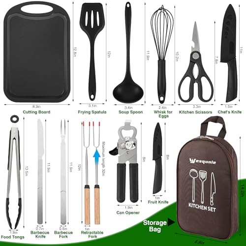 Camping Essentials Cookware Cooking Utensils Set - Portable Camp Kitchen Mess Kit Outdoor Accessories, Stainless Steel & Silicone, Camping Gear Equipment for RV Picnic Grill, Brown - Image 6