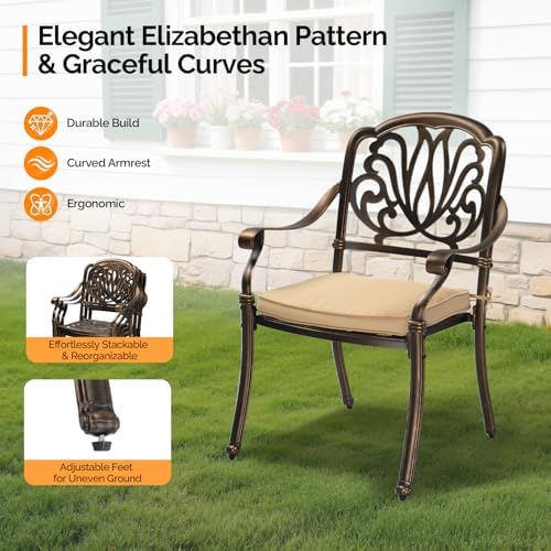 VINGLI 7 Pieces Outdoor Dining Set, Cast Aluminium All-Weather Patio Dining Set for 6 with Umbrella Hole, Outdoor Dining Table and Chairs with Cushion for Yard, Garden, Porch and Poolside, Bronze - Image 3