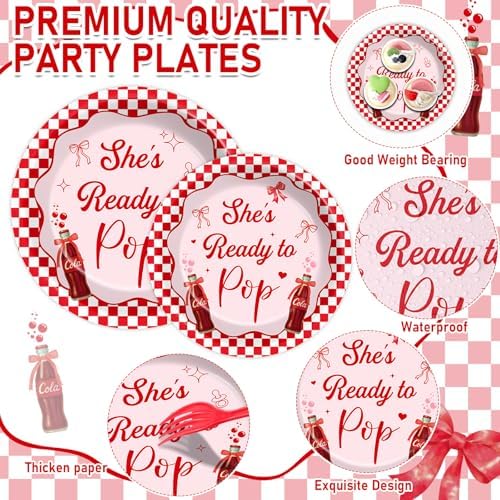 96 PCS She's Ready to Pop Party Paper Plates and Napkins Red White Checkered Bow Soda Pop for Baby Shower Gender Reveal Newborn Party SuppliesBirthday Gatherings Decorations - Image 3