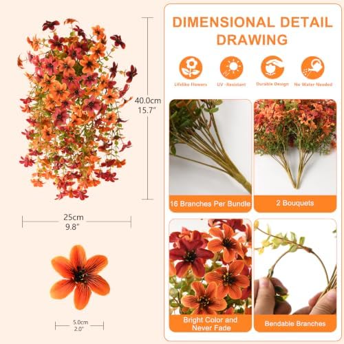 Artificial Hanging Fall Flowers for Outdoors, 2 Pcs Fake Mums Plants - Image 2