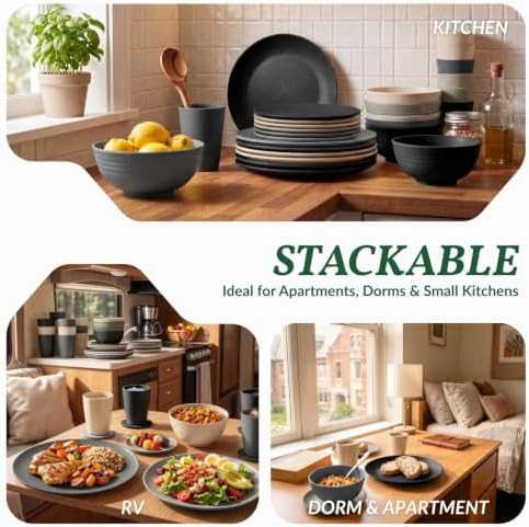 Homienly 40 PCS Wheat Straw Dinnerware Sets Dishes Set for 8 Unbreakable Plates and Bowls Sets for Kitchen Dishwasher and Microwave Safe Plate Set Camping, Apartment, Kids-Grey Stone - Image 6