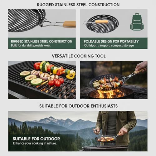Stainless Steel Grilling Skillet, Foldable Design Camping Skillet, Portable Cooking Pan with Round Heating Finish for Outdoor BBQ - Image 4
