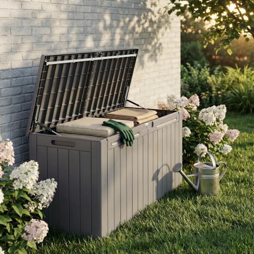 110 Gallon Deck Box Outdoor Indoor Waterproof Storage Box, Coffee - Image 2