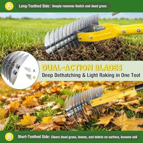 Thatch Rakes , 15-Inch Wide Thatching Rake for Cleaning Dead Grass, 55-Inch Efficient Steel Dethatcher Rake with Adjustable Metal Handle, Thatch Rakes for Lawns, Garden, Yard - Image 4