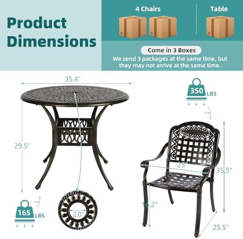 MEETWARM 5 Piece Patio Dining Set, Outdoor All-Weather Cast Aluminum Dining Table Set, Patio Furniture Set for Backyard Garden Deck, Include 4 Chairs and a 35.4" Round Table with Umbrella Hole - Image 2