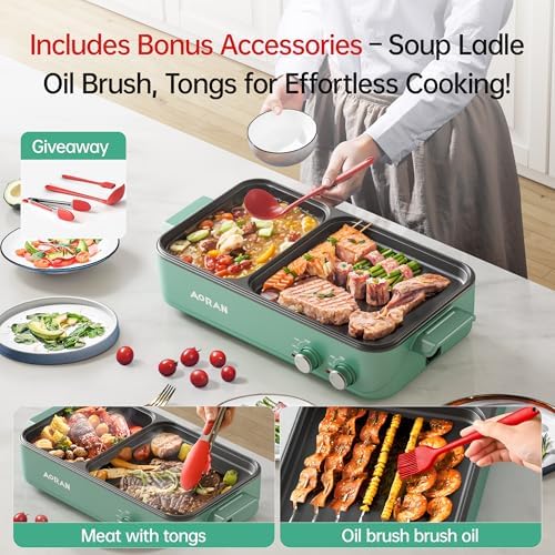 AORAN Electric Hot Pot with Grill, 2-in-1 Indoor Non-Stick Pot for Korean BBQ, Shabu Shabu & Noodles, Dual Temperature Control, Quick Heating with Bonus Accessories Green - Image 4