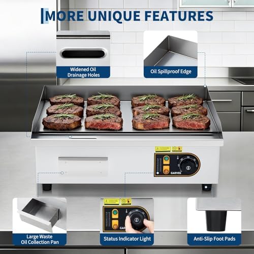 Garvee 22in Commercial Electric Flat Top Griddle Non-Stick for Breakfast Bars, Countertop Flat Top Grill with 2 Shovels and 2 Brushes for Roadside Stands, 122℉-572 ℉ Adjustable Temp - Image 5