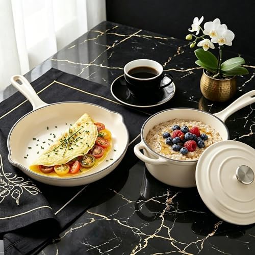QuliMetal Enameled Cast Iron Cookware Set, 4-Piece Pots and Pans Set with Lids, 10.25" Skillet, 2QT Saucepan, 2.8QT & 4.8QT Dutch Ovens, Oven Safe to 500°F, All Stovetops Compatible - Cream White - Image 5