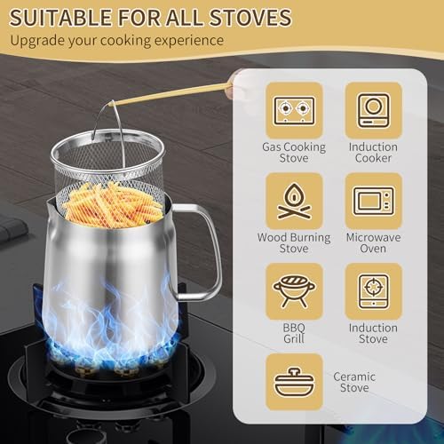 119oz 304 Stainless Steel Deep Fryer Pot with Basket & Strainer, Large Capacity Bacon Grease Container for Kitchen,Frying, Cooking, Camping,Oil Filter Container - Dishwasher Safe (119oz/3.5L/3.7Qt) - Image 5