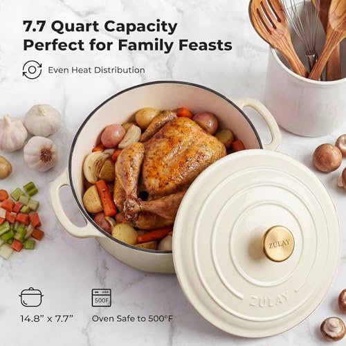 Zulay Kitchen 7.7 Quart Enameled Cast Iron Dutch Oven Pot with Lid – Premium Durability & Oven Safe up to 500°F – Heavy Duty Cookware Perfect for Bread Baking, Stews, Braising & Roasting – Ivory - Image 6