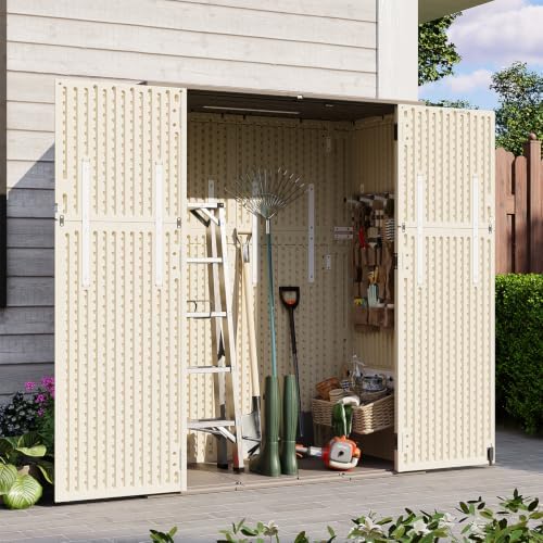 Aoxun 61 Cu.Ft Outdoor Storage Shed, Widened Outdoor Storage Cabinet Waterproof Vertical Resin Shed with Floor for Garden Tools, Pool Equipment, Easy to Assemble(Beige) - Image 2