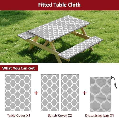 7ft 84in Picnic Table and Bench Cover, 3 Pack, Gray-White Moroccan - Image 3