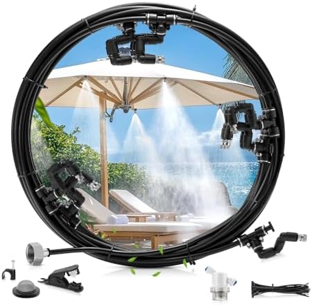 Outdoor Misting Cooling System, 32FT (10M) Misting Line + 8 Adjustable 360° Nozzles + 3/4” Threaded Adapter, Garden, Greenhouse, Misters for Outside Patio by DAOTAILI