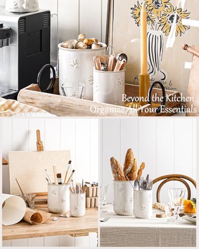 LE TAUCI Kitchen Utensil Holder Set of 2 - 6.9"+5.3" Large Ceramic Cooking Utensil Crock & Organizer for Spatula, Spoon, Whisk - Farmhouse Countertop Storage, Arctic White, Embossed, Bee - Image 4