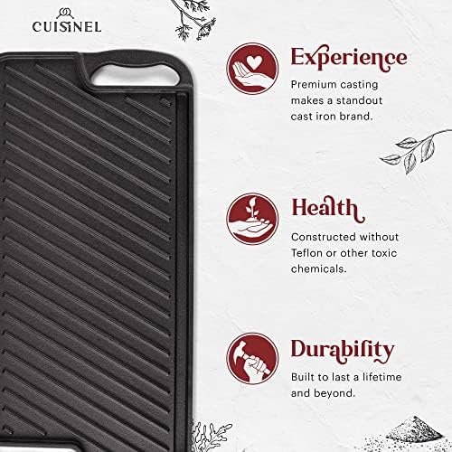 Cuisinel Cast Iron Griddle/Grill + Scraper/Cleaner - Reversible Pre-Seasoned 20" X 10"-inch Dual Handle Flat Skillet and Griller Pan + Cleaning Accessories - Indoor/Outdoor Stove Top Burner, Gas Safe - Image 3