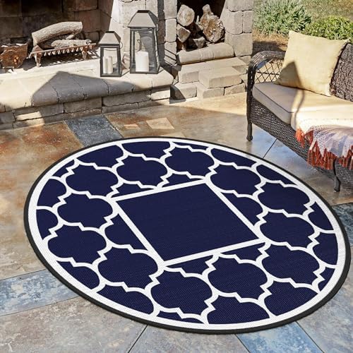 GENIMO Outdoor Rug, Waterproof Plastic Rugs for Patio, 8' Round Blue White - Image 5