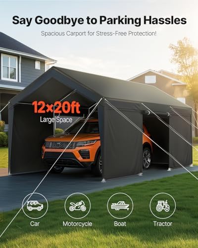 VEVOR 12x20 FT Heavy Duty Carport, Portable Car Canopy with Removable Sidewalls and Door, Outdoor Car Shelter, UV-Resistant, Water-Resistant, All-Season Car Shelter for Cars, Boats, and Equipment - Image 2