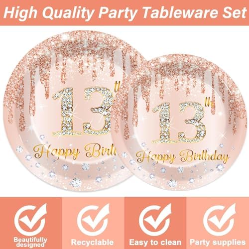 200 PCS Rose Gold 13th Birthday Party Plates Napkins Pink 13th Tableware Set for Happy 13 Years Old Birthday Decorations Dessert Plates Forks Serve 50 Guests for Girls 13 Years Old Party Supplies - Image 3