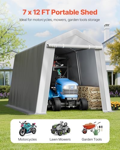 VEVOR Outdoor Storage Shed, 7 x 12 ft Portable Storage Tent with Roll-up Door & Vents, Waterproof Canopy Shed Shelter, Heavy Duty Frame, Patio Garage Carport for Motorcycle, Lawn Mower, Bike, Grey - Image 2