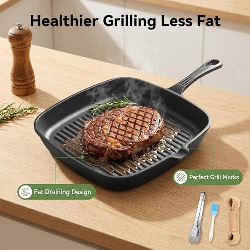 Cast Iron Grill Pan, 9.5" Square Griddle Skillet with Pour Spout, Oven Safe - Image 6