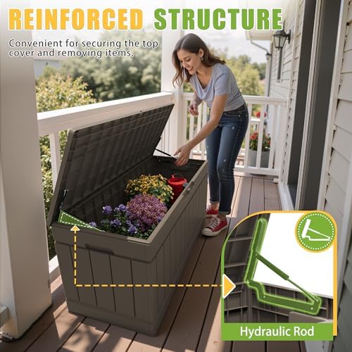 Greesum Outdoor Storage Box 82 Gallon Storage Bin with Lid for Patio Furniture, Garden Tools, Pool Supplies, Waterproof and UV Resistant, Lockable, Dark Brown - Image 2