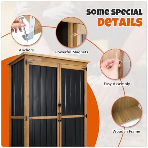 Outdoor Storage Cabinet with Shelves, Wood & Metal Storage Shed with Weatherproof Roof, 3 Removable Shelves, Lockable Doors, Adjustable Feet, Outside Storage Cabinet for Garage, Patio, Backyard - Image 3
