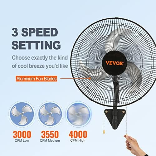 VEVOR Wall Mount Fan, 18 inch, 3-Speed, 4000 CFM Oscillating Fan, Black - Image 3
