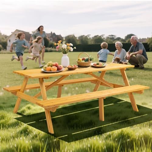 75" Rectangular Outdoor Picnic Table with Built-in Benches & Umbrella Hole,8-Person Heavy-Duty Solid Wood Dining Table,2220lb Capacity Natural for Camping, Garden & BBQ Social Events by QUAWIP