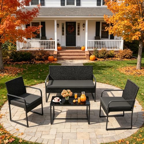 Gizoon Black Wicker Conversation Set with Glass Coffee Table by Gizoon