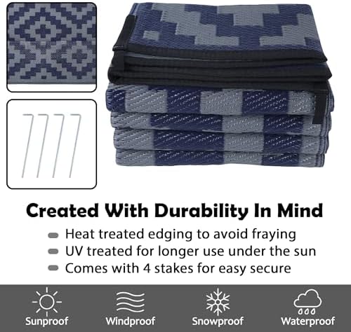 SAND MINE Reversible Mats, Plastic Straw Rug, Modern Area Rug, Large Floor Mat and Rug for Outdoors, RV, Patio, Backyard, Deck, Picnic, Beach, Trailer, Camping (6' x 9', Blue Grey Lattice) - Image 4