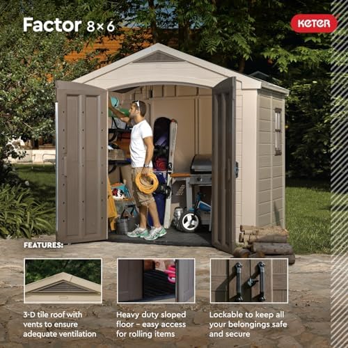 Keter Factor (8x6 ft) Large Resin Outdoor Storage Shed for Patio Furniture, Lawn Mower, Garden Accessories Yard Tools, and Pool Toys, Taupe - Image 4