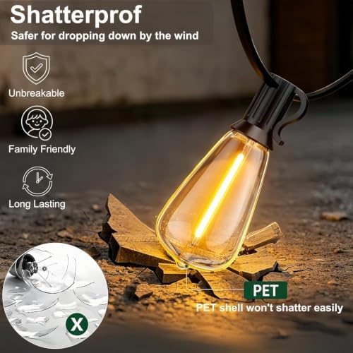 Outdoor String Lights, 100FT 52 LED ST38 Shatterproof Vintage Edison Bulbs - Image 3