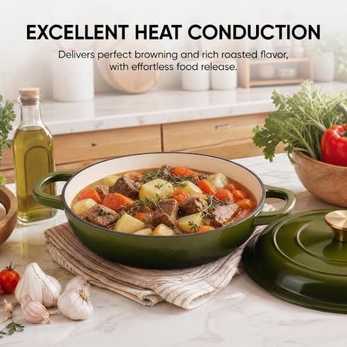 Dutch Oven Enameled Cast Iron with Lid - Big Dual Handles - Oven Safe up to 500°F - Classic Round Pot for Versatile Cooking 3 QT Shallow Pot Golden Green - Image 5