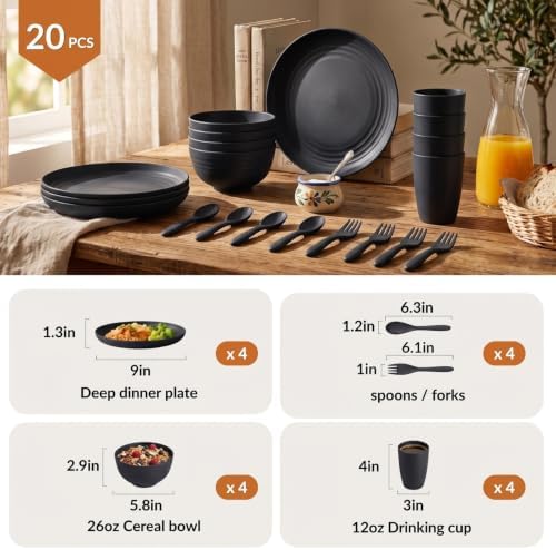 Homienly Wheat Straw Dinnerware Sets, Homienly 20pcs Unbreakable Microwave Dishwasher Safe Tableware Lightweight Bowls, Cups, Plates Set Reusable Dinner Plates Bowls set (Matte Black) - Image 2