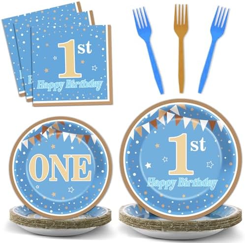 96PCS Baby Boy First Birthday Party Paper Plates and Napkins Blue and Brown 1st Birthday Disposable Plates 1st Blue Dinnerware Set for Boys One Year Old Baby Shower Birthday Gatherings Decorations by Oitnlaughter