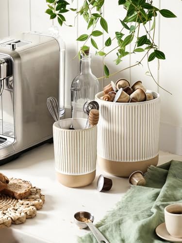 LE TAUCI Ceramic Kitchen Utensil Holder Set of 2 - 6.9"+5.3" Large Cooking Utensil Crock & Organizer for Spatula, Spoon, Whisk - Farmhouse Countertop Storage, Cream Beige, Line - Image 6